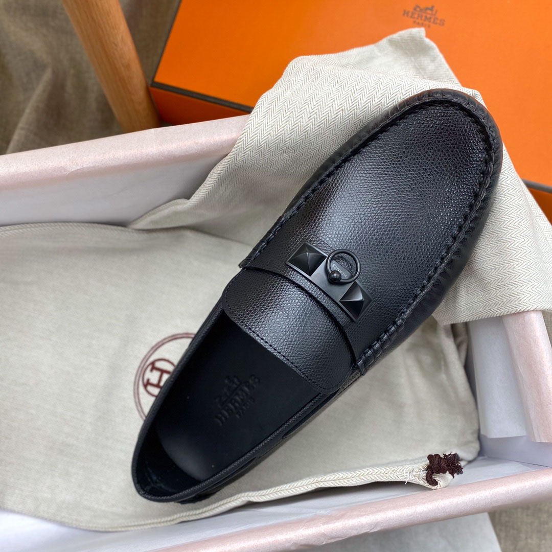 Giày lười Hermes Irving Loafer Black Đen Da Bê có Vân