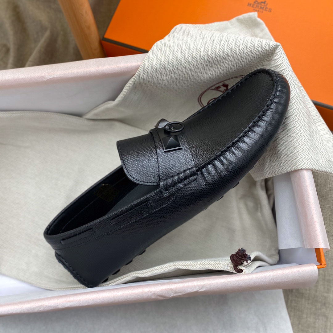 Giày lười Hermes Irving Loafer Black Đen Da Bê có Vân