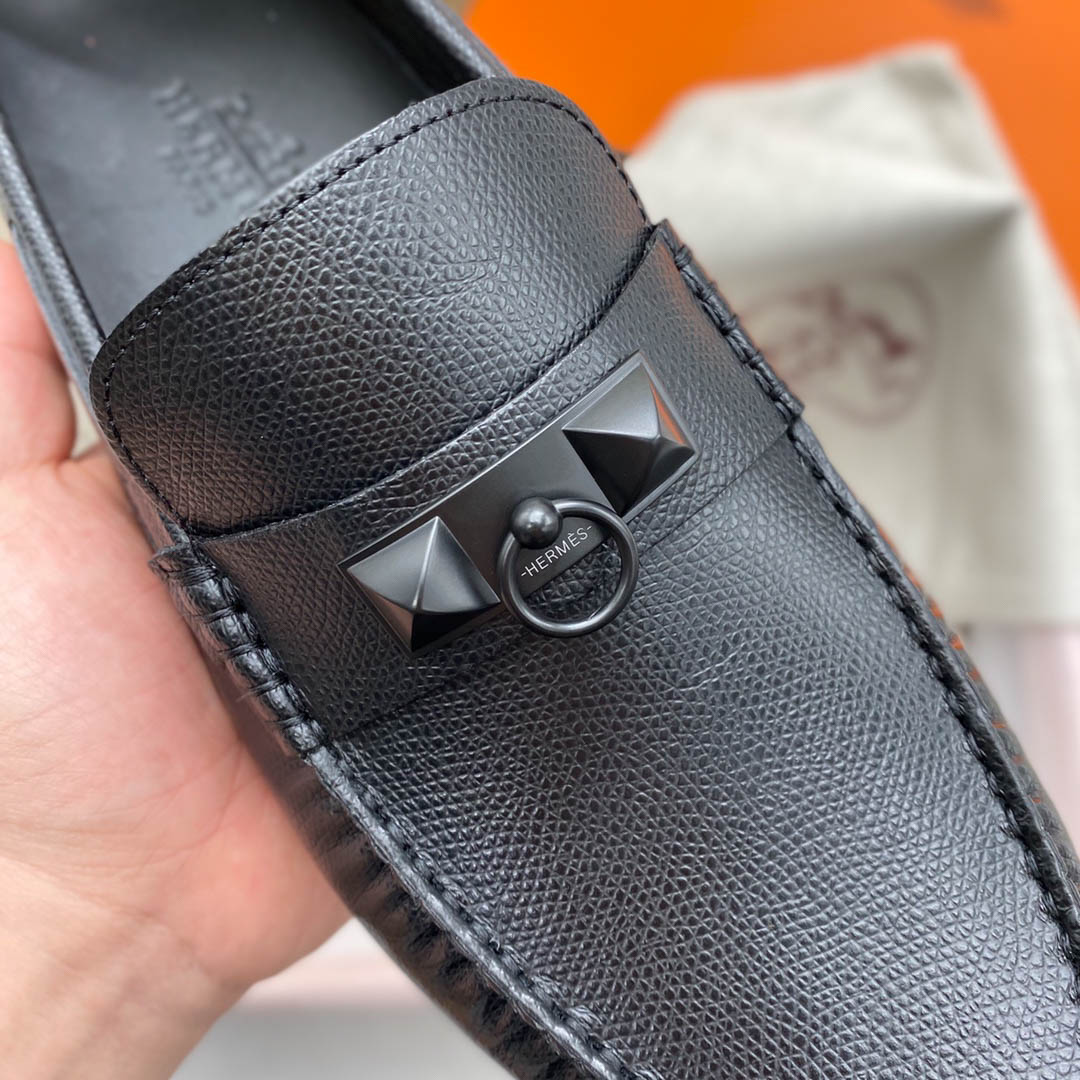 Giày lười Hermes Irving Loafer Black Đen Da Bê có Vân