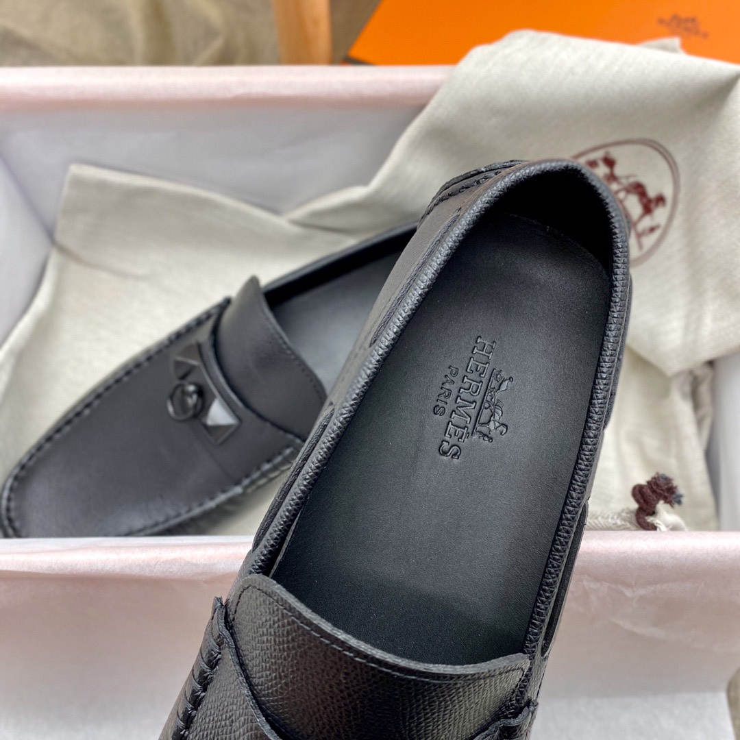 Giày lười Hermes Irving Loafer Black Đen Da Bê có Vân