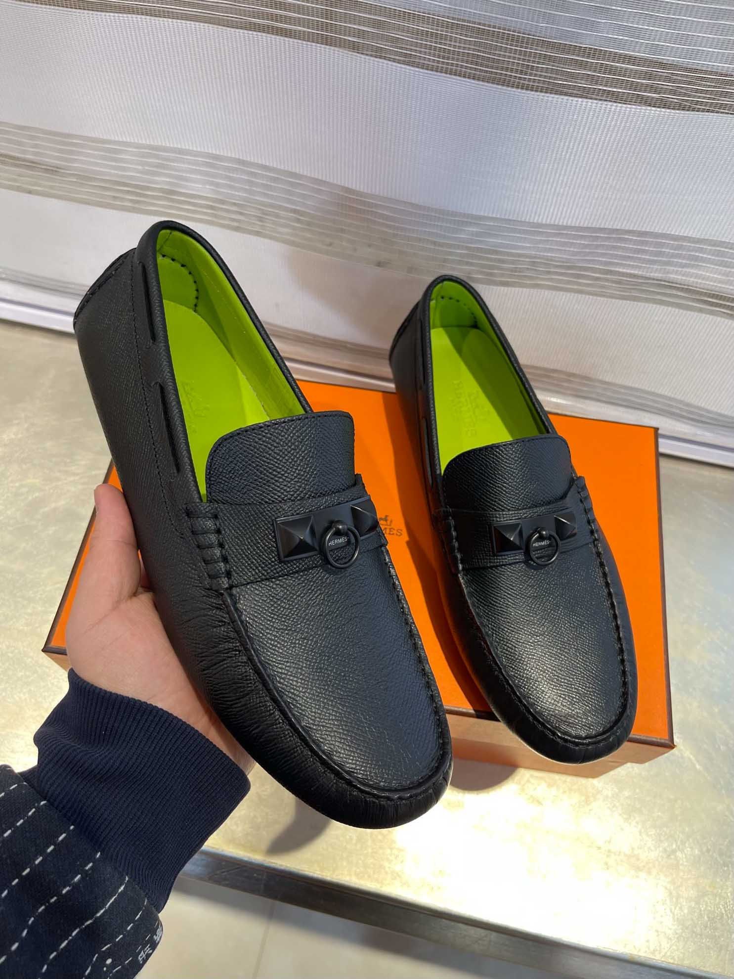 Giày lười Hermes Irving Loafer Black Đen Lớp Lót Xanh