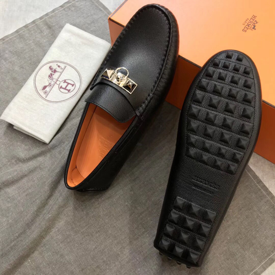 Giày lười Hermes Irving Loafer Đen Lót Cam