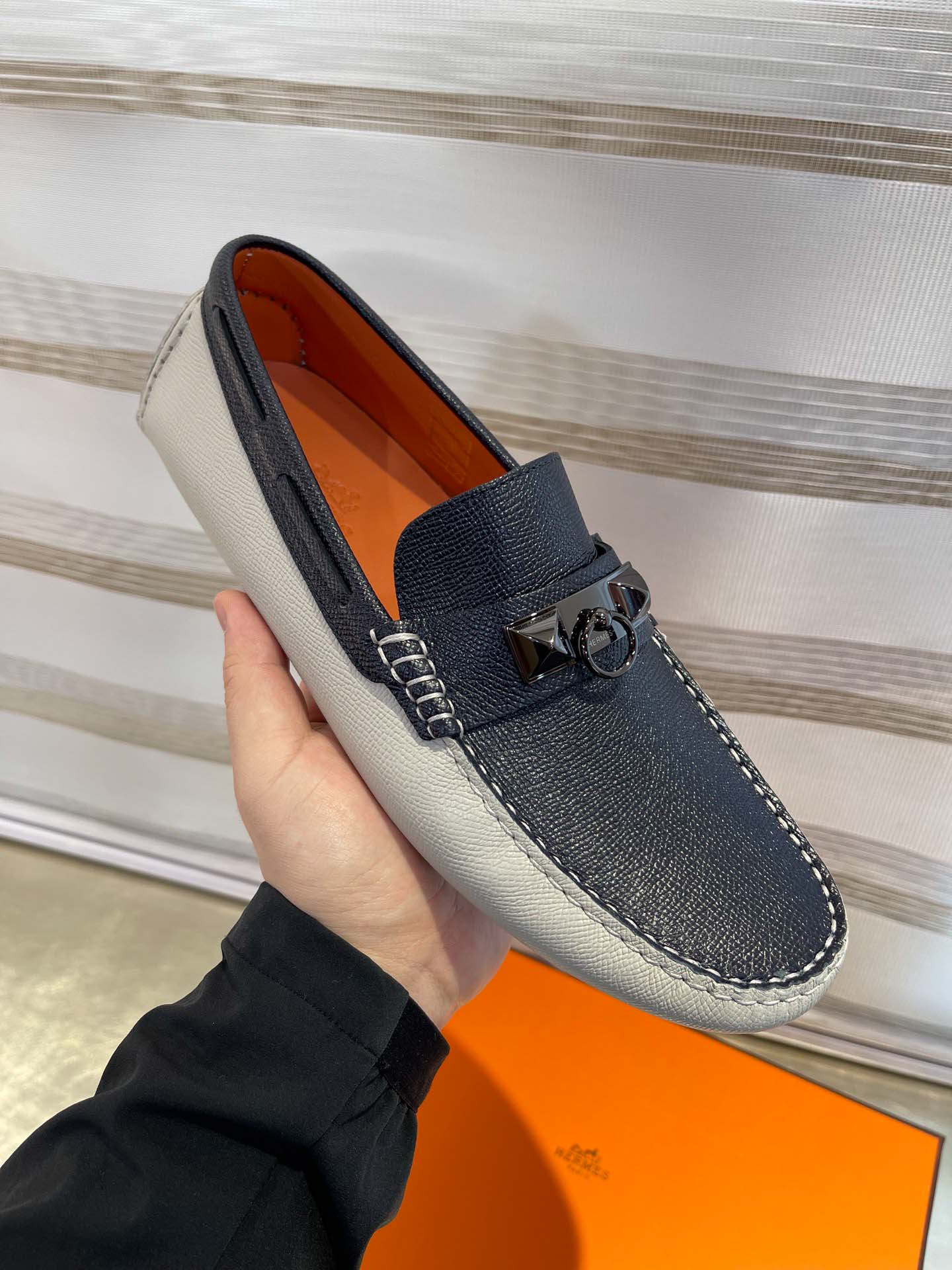 Giày lười Hermes Irving Loafer Xám Xanh Da Taiga