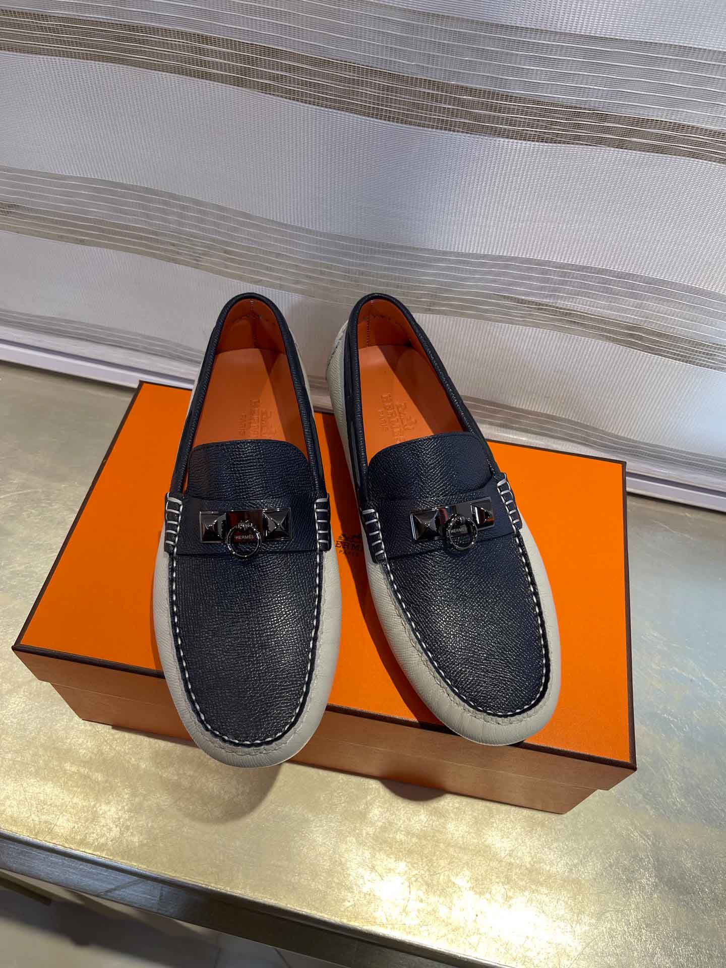 Giày lười Hermes Irving Loafer Xám Xanh Da Taiga