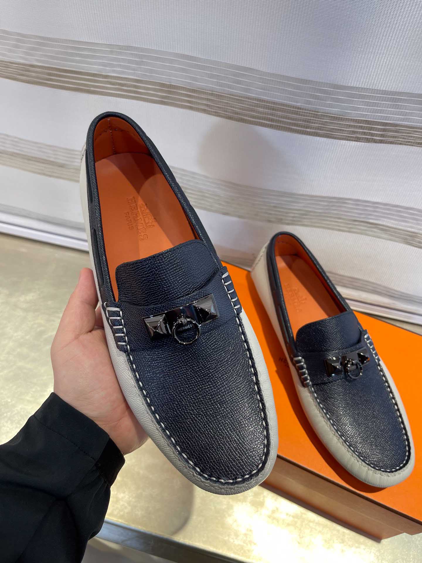 Giày lười Hermes Irving Loafer Xám Xanh Da Taiga
