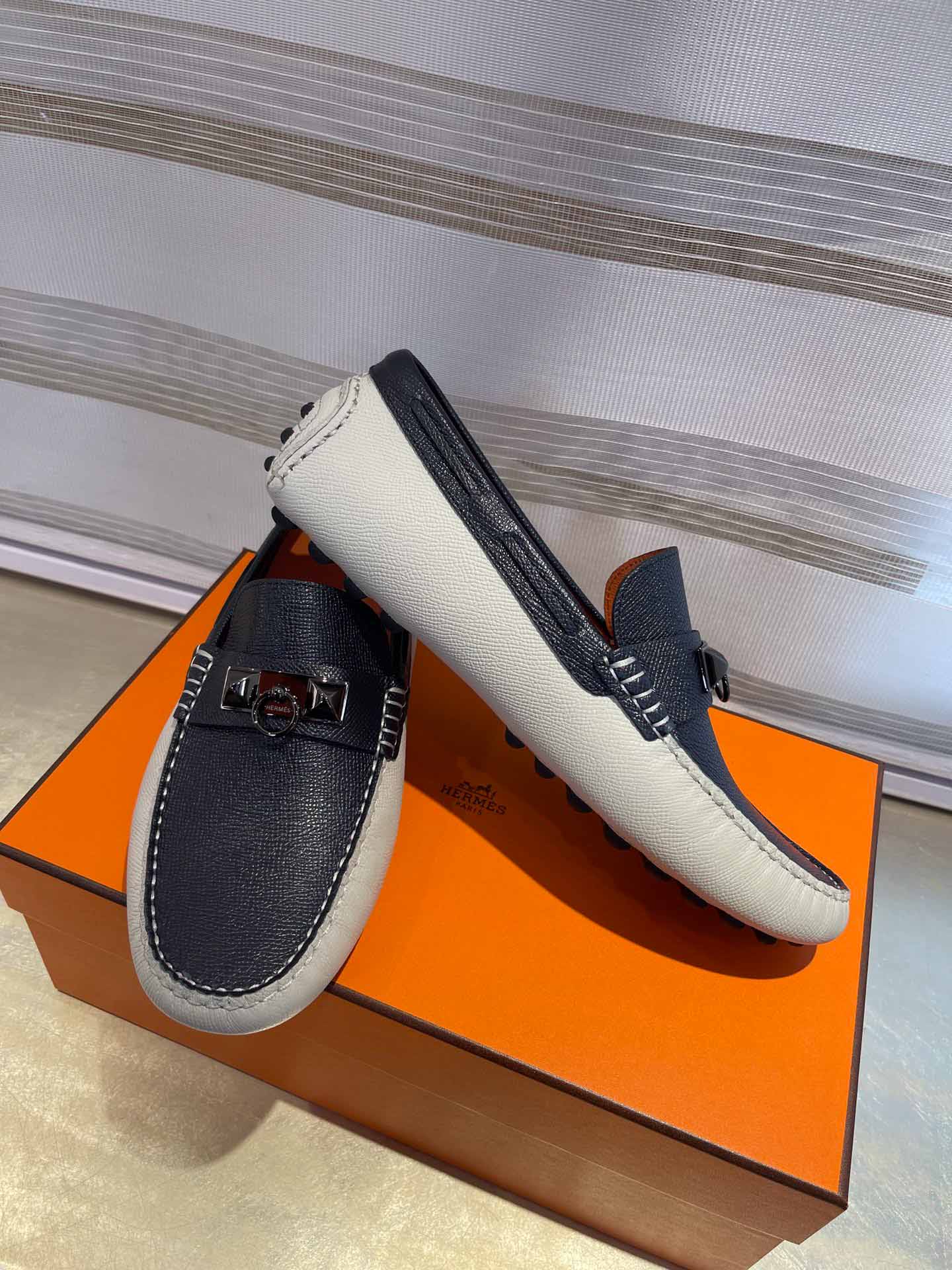 Giày lười Hermes Irving Loafer Xám Xanh Da Taiga