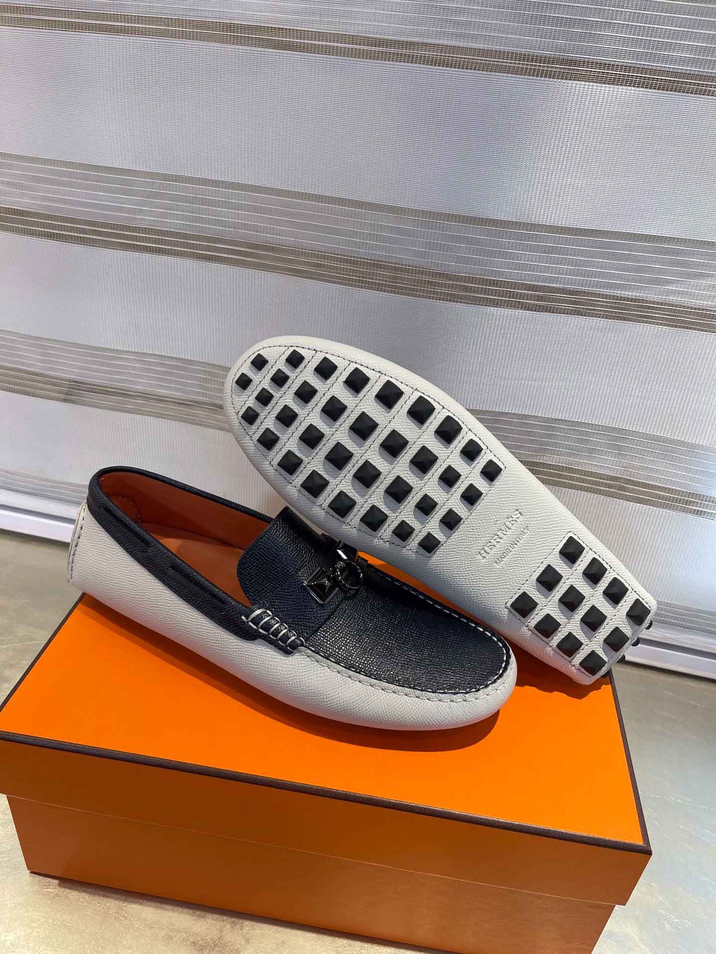 Giày lười Hermes Irving Loafer Xám Xanh Da Taiga