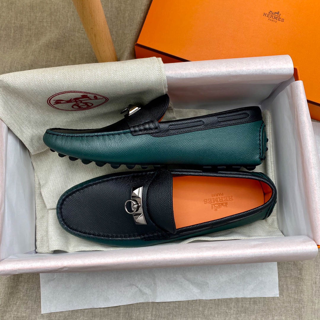 Giày lười Hermes Irving Loafer Xanh Đen Da Bê có Vân
