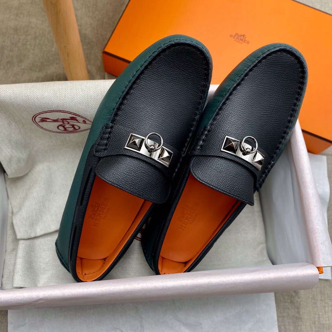 Giày lười Hermes Irving Loafer Xanh Đen Da Bê có Vân