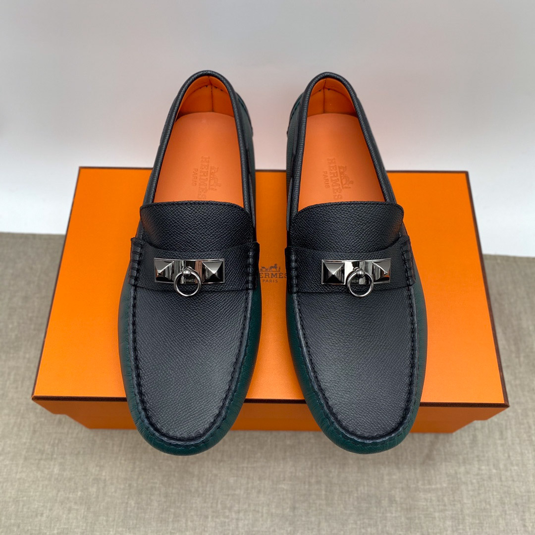Giày lười Hermes Irving Loafer Xanh Đen Da Bê có Vân