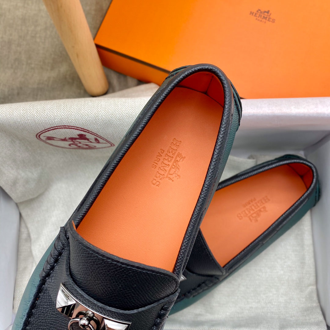Giày lười Hermes Irving Loafer Xanh Đen Da Bê có Vân