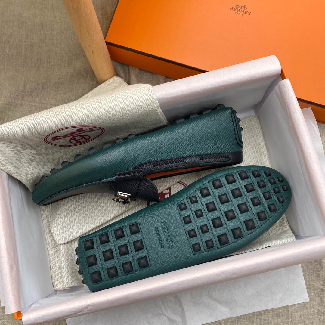 Giày lười Hermes Irving Loafer Xanh Đen Da Bê có Vân
