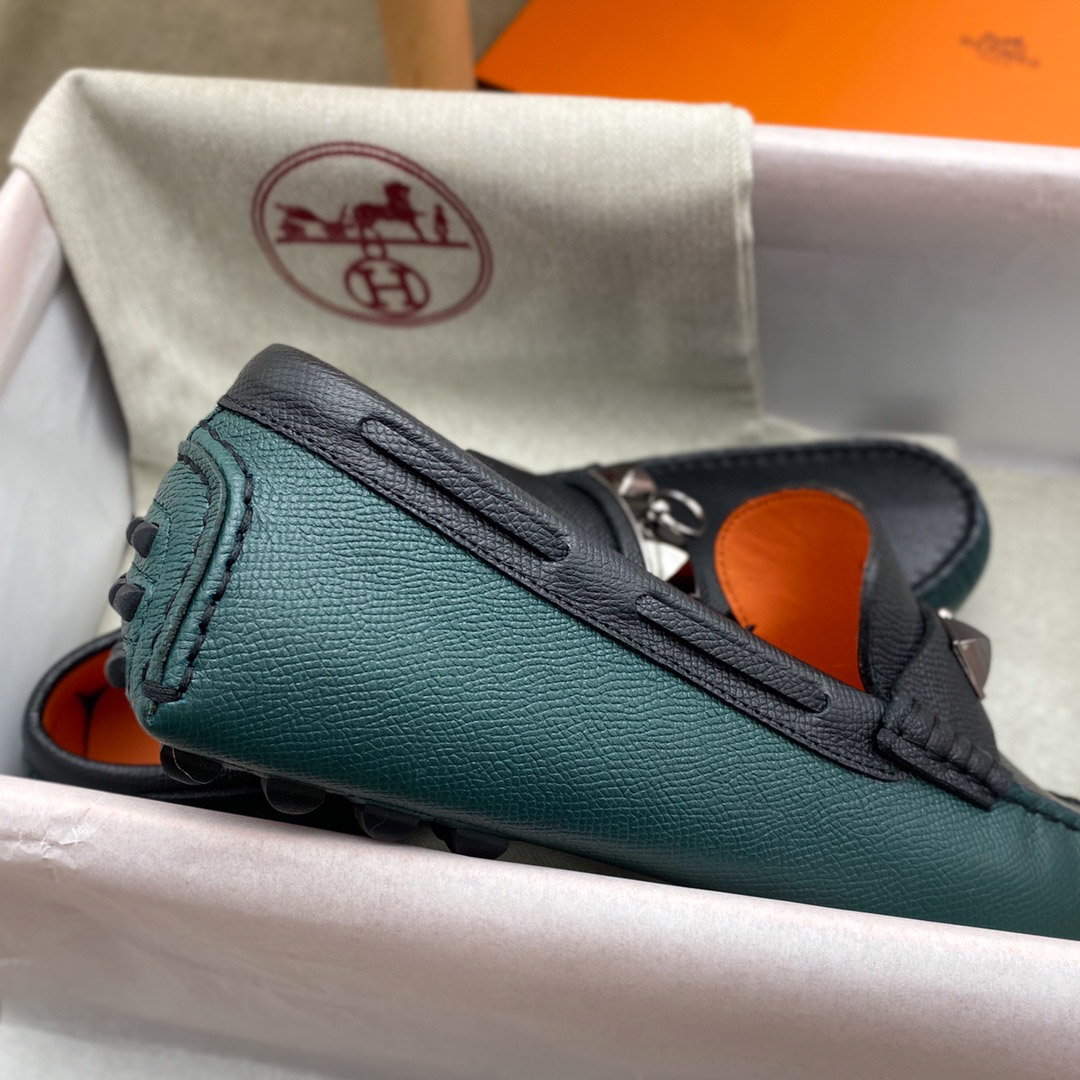 Giày lười Hermes Irving Loafer Xanh Đen Da Bê có Vân