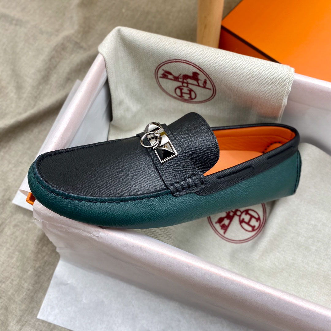Giày lười Hermes Irving Loafer Xanh Đen Da Bê có Vân