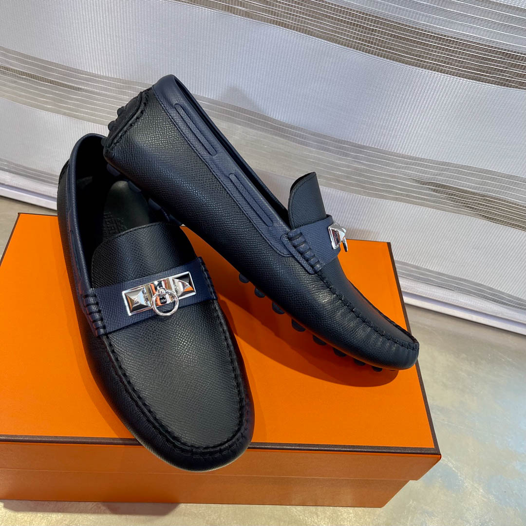 Giày lười Hermes Irving Loafer Xanh Navy Blue Kim Loại Chi Tiết Bạc