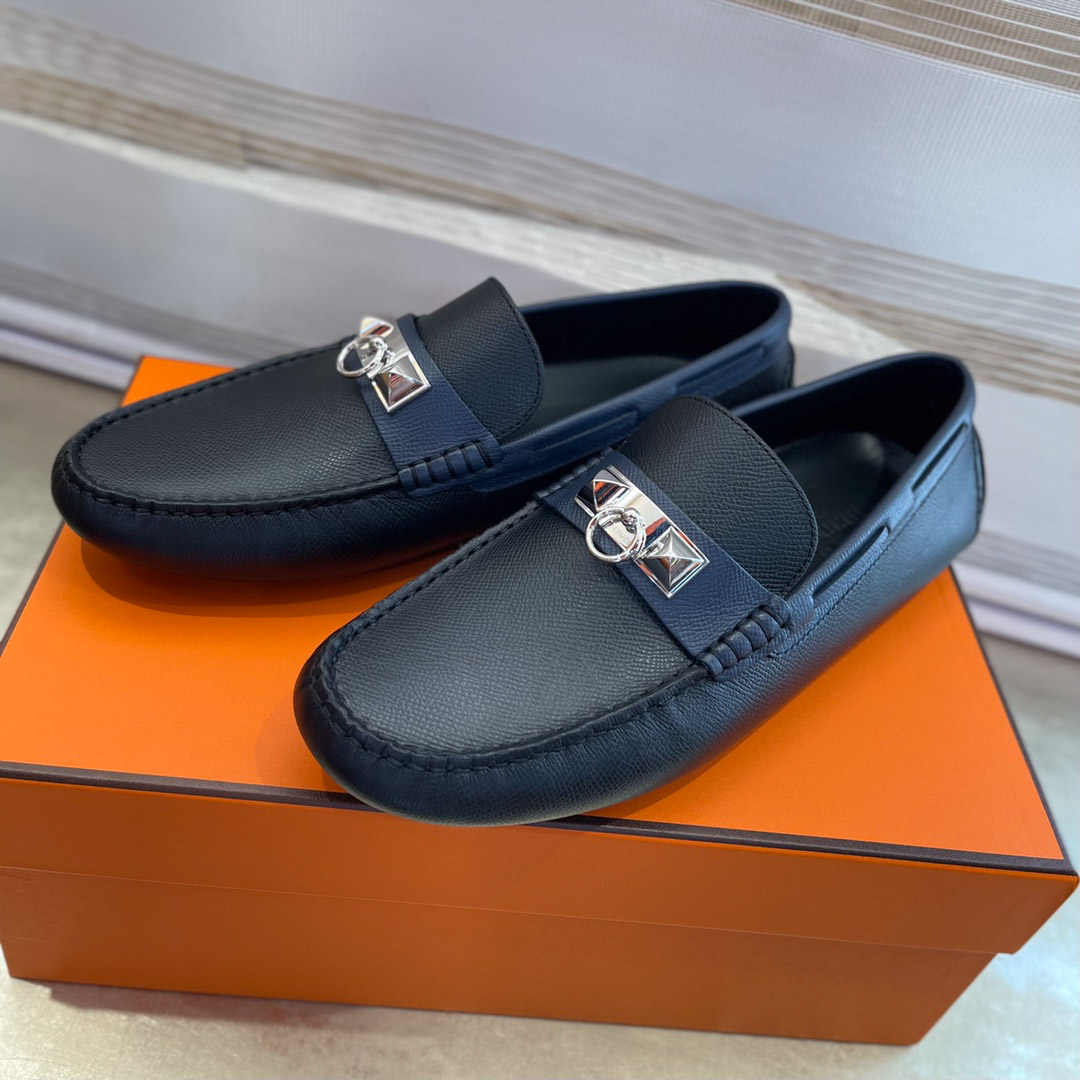 Giày lười Hermes Irving Loafer Xanh Navy Blue Kim Loại Chi Tiết Bạc