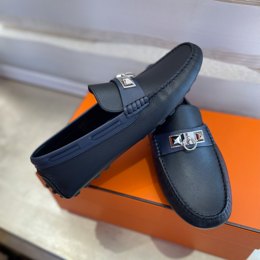 Giày lười Hermes Irving Loafer Xanh Navy Blue Kim Loại Chi Tiết Bạc