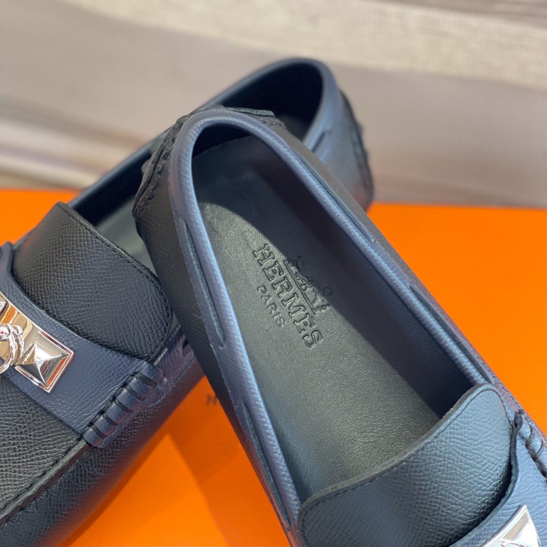 Giày lười Hermes Irving Loafer Xanh Navy Blue Kim Loại Chi Tiết Bạc