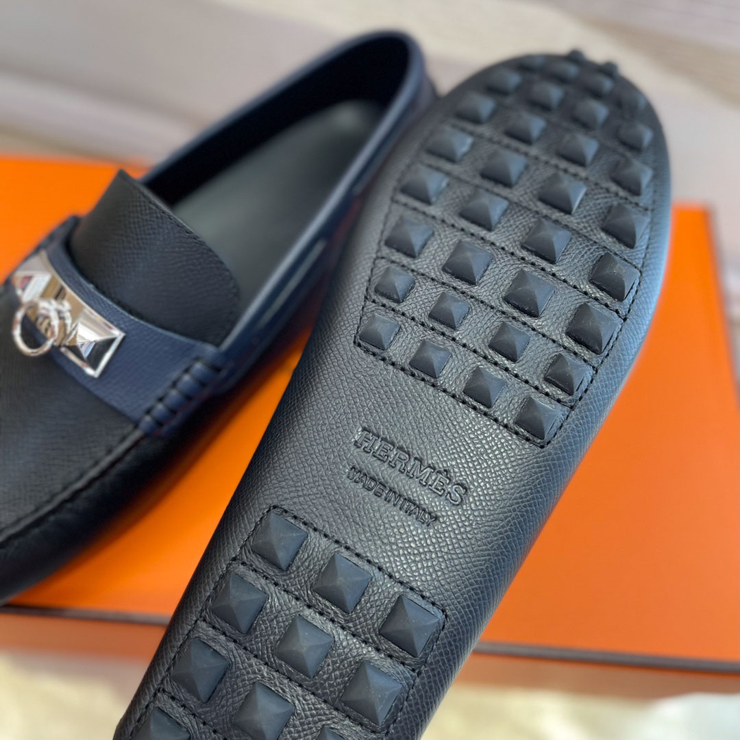 Giày lười Hermes Irving Loafer Xanh Navy Blue Kim Loại Chi Tiết Bạc