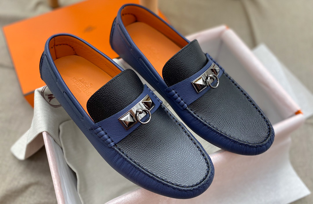 Giày lười Hermes Irving LoaferXanh Đen Da Bê có Vân