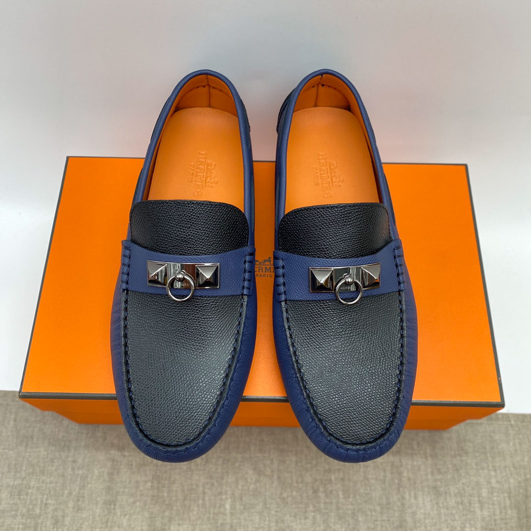 Giày lười Hermes Irving LoaferXanh Đen Da Bê có Vân