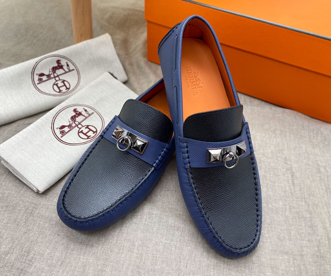 Giày lười Hermes Irving LoaferXanh Đen Da Bê có Vân