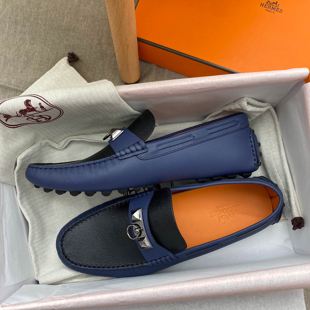 Giày lười Hermes Irving LoaferXanh Đen Da Bê có Vân