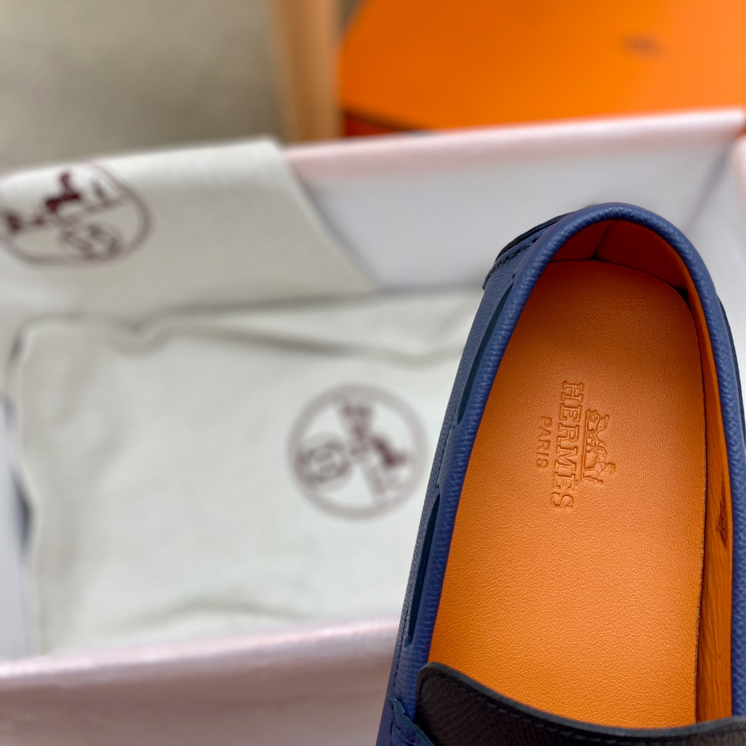 Giày lười Hermes Irving LoaferXanh Đen Da Bê có Vân