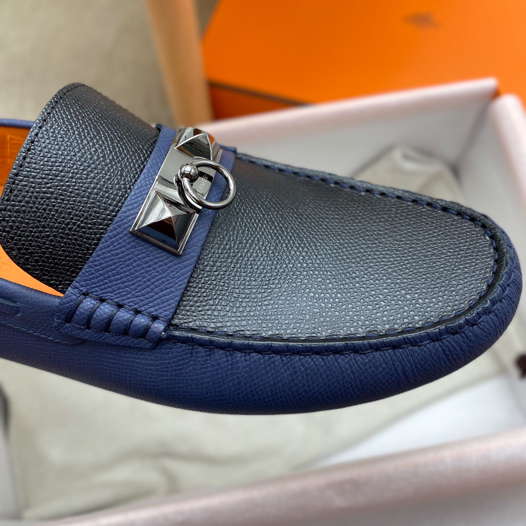 Giày lười Hermes Irving LoaferXanh Đen Da Bê có Vân