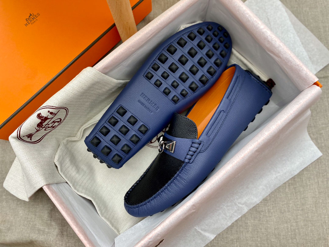 Giày lười Hermes Irving LoaferXanh Đen Da Bê có Vân