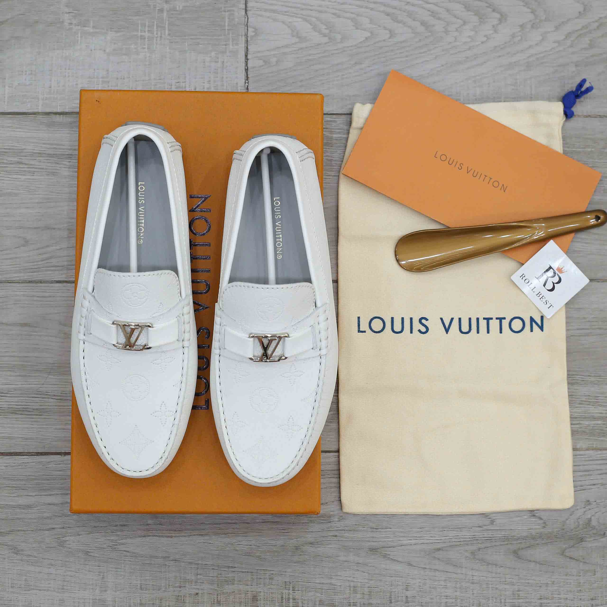 Giày lười Louis Vuitton Major Hockenheim Moccasin White Da Bê Họa Tiết Monogram Logo LV Bạc
