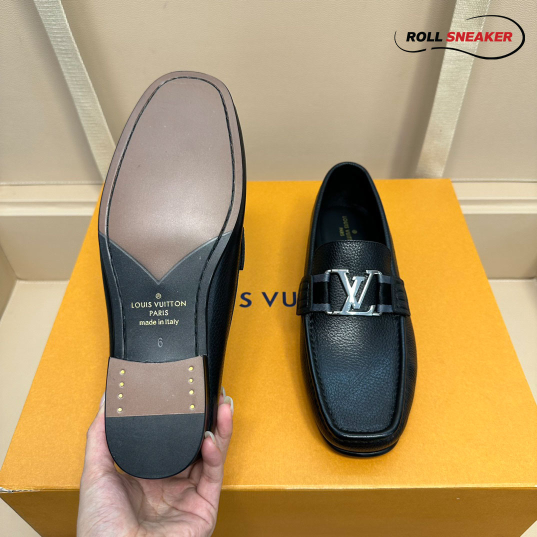 Giày Loafer Louis Vuitton Major Black Đen Da Bê Sần Logo LV Bạc
