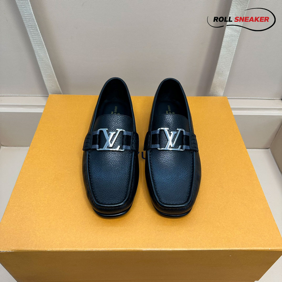 Giày Loafer Louis Vuitton Major Black Đen Da Bê Sần Logo LV Bạc