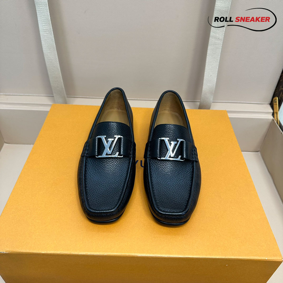 Giày Lười Louis Vuitton Montaigne Loafers Black Da Bê Có Vân Logo LV Bạc