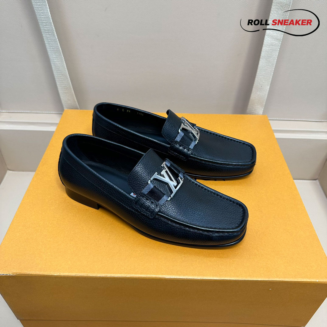 Giày Loafer Louis Vuitton Major Black Đen Da Bê Sần Logo LV Bạc