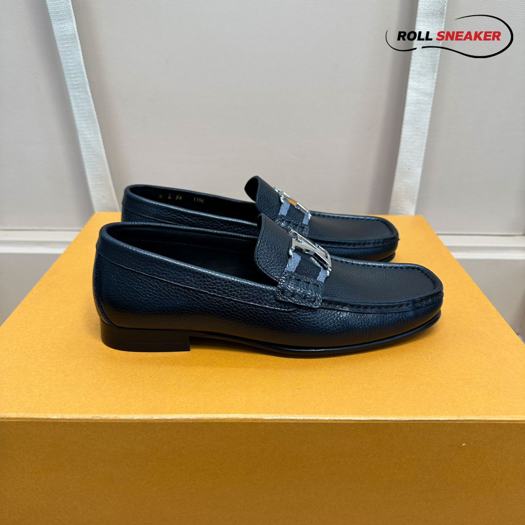Giày Loafer Louis Vuitton Major Black Đen Da Bê Sần Logo LV Bạc