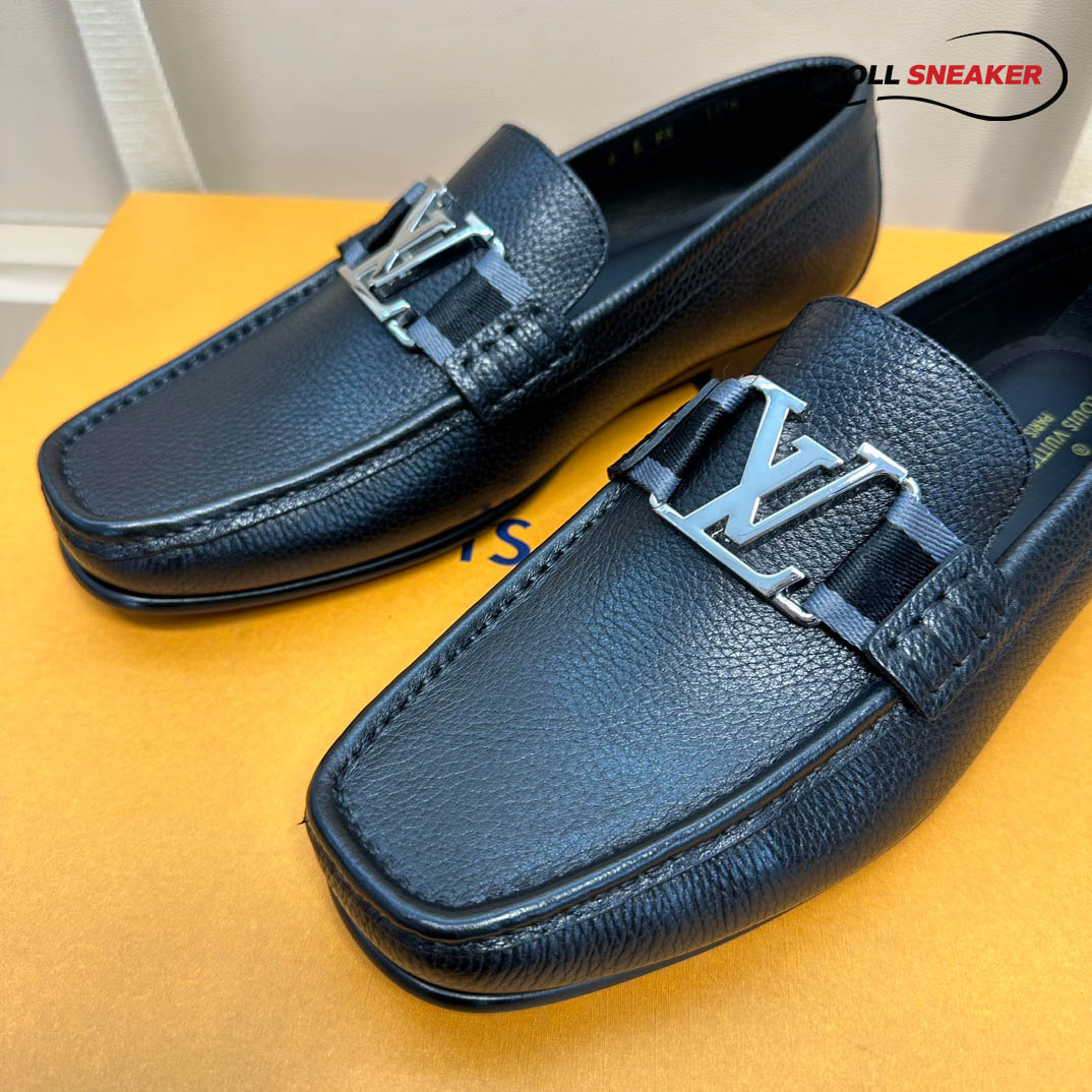 Giày Loafer Louis Vuitton Major Black Đen Da Bê Sần Logo LV Bạc