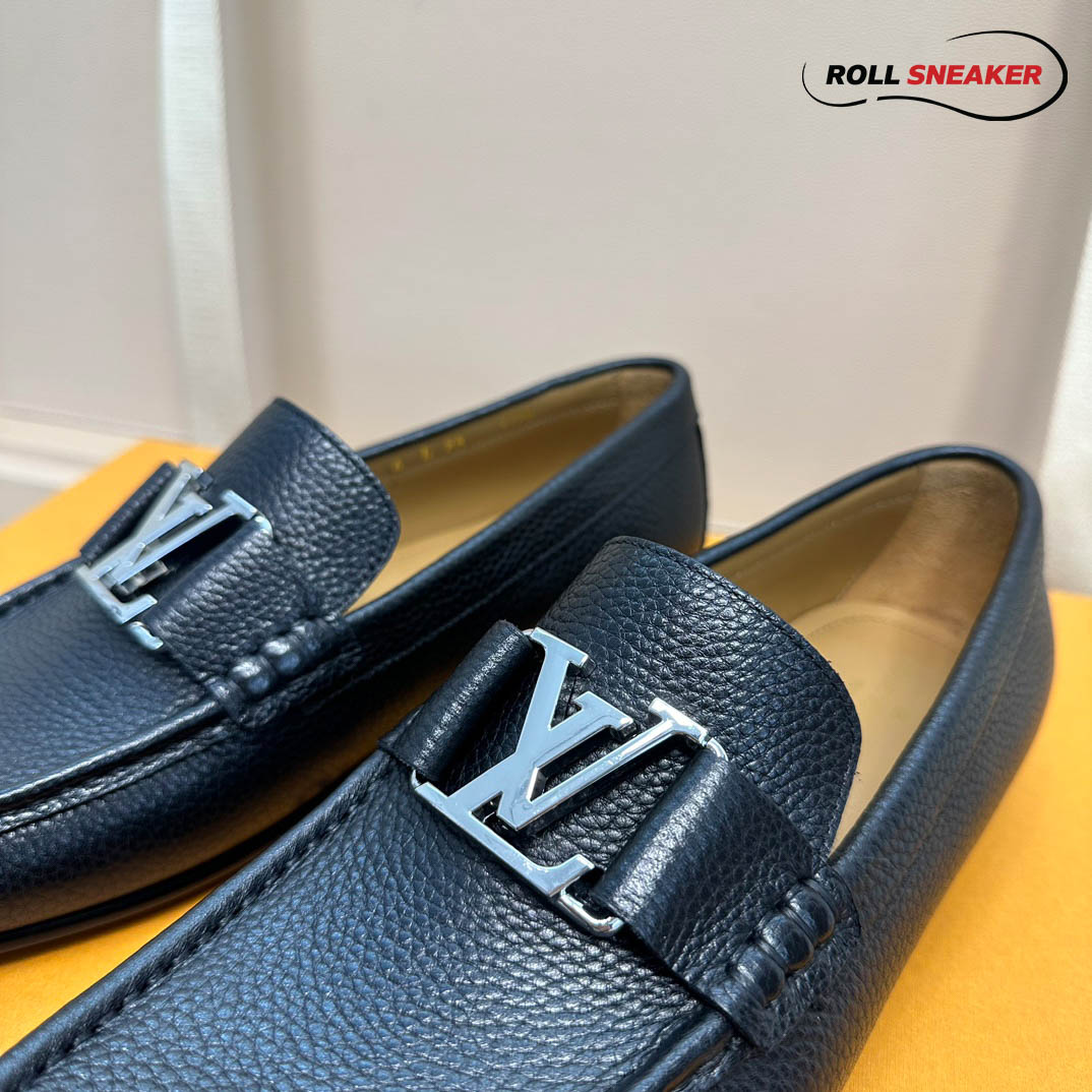 Giày Lười Louis Vuitton Montaigne Loafers Black Da Bê Có Vân Logo LV Bạc