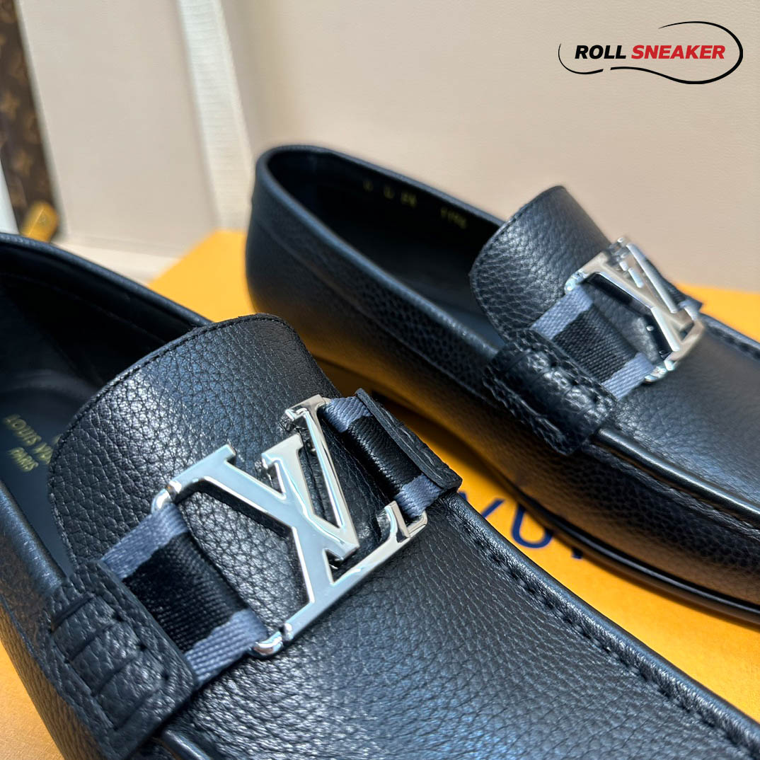 Giày Loafer Louis Vuitton Major Black Đen Da Bê Sần Logo LV Bạc