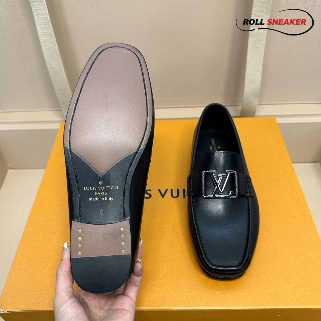 Giày Lười Louis Vuitton Montaigne Loafers Black Da Bê Trơn Logo LV Đen