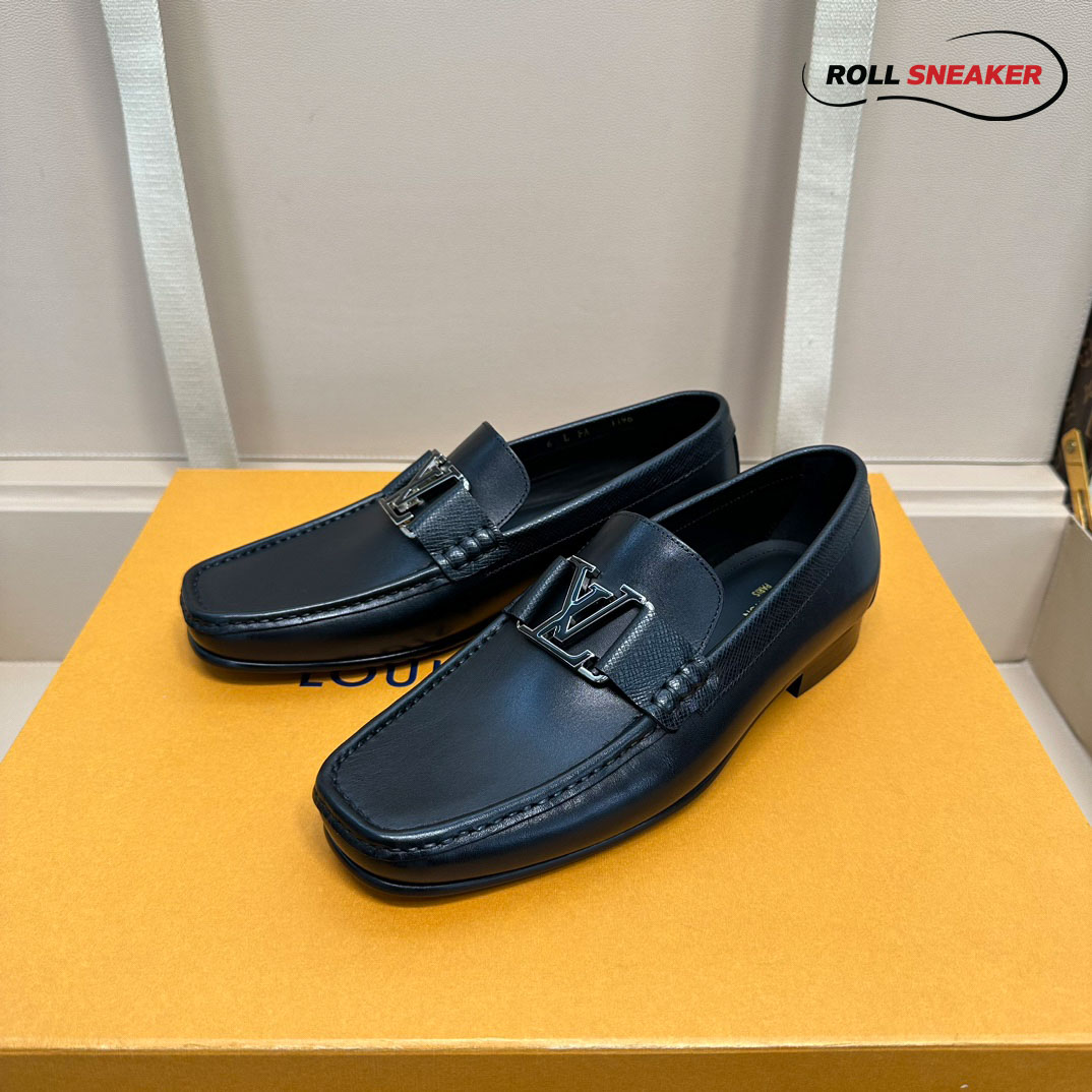 Giày Lười Louis Vuitton Montaigne Loafers Black Da Bê Trơn Logo LV Đen