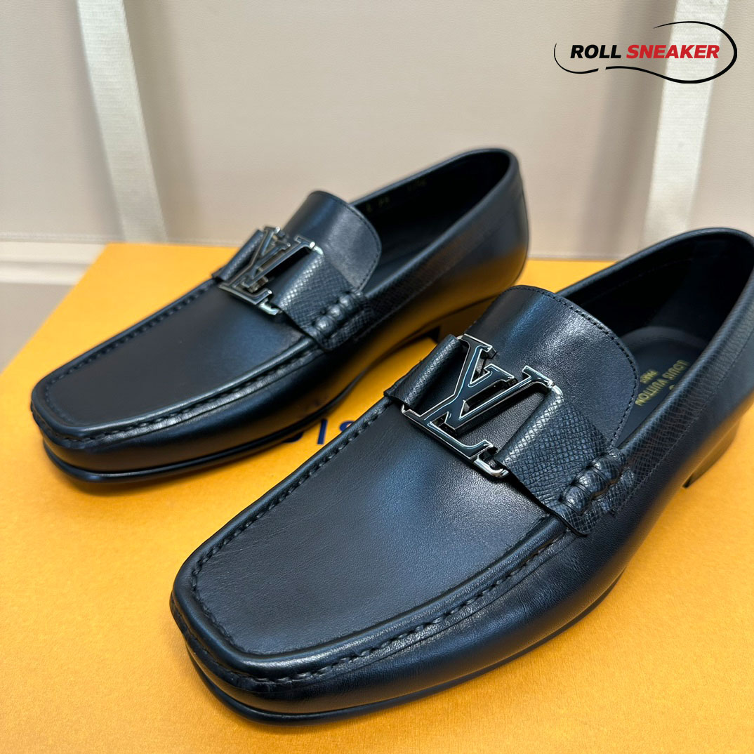 Giày Lười Louis Vuitton Montaigne Loafers Black Da Bê Trơn Logo LV Đen