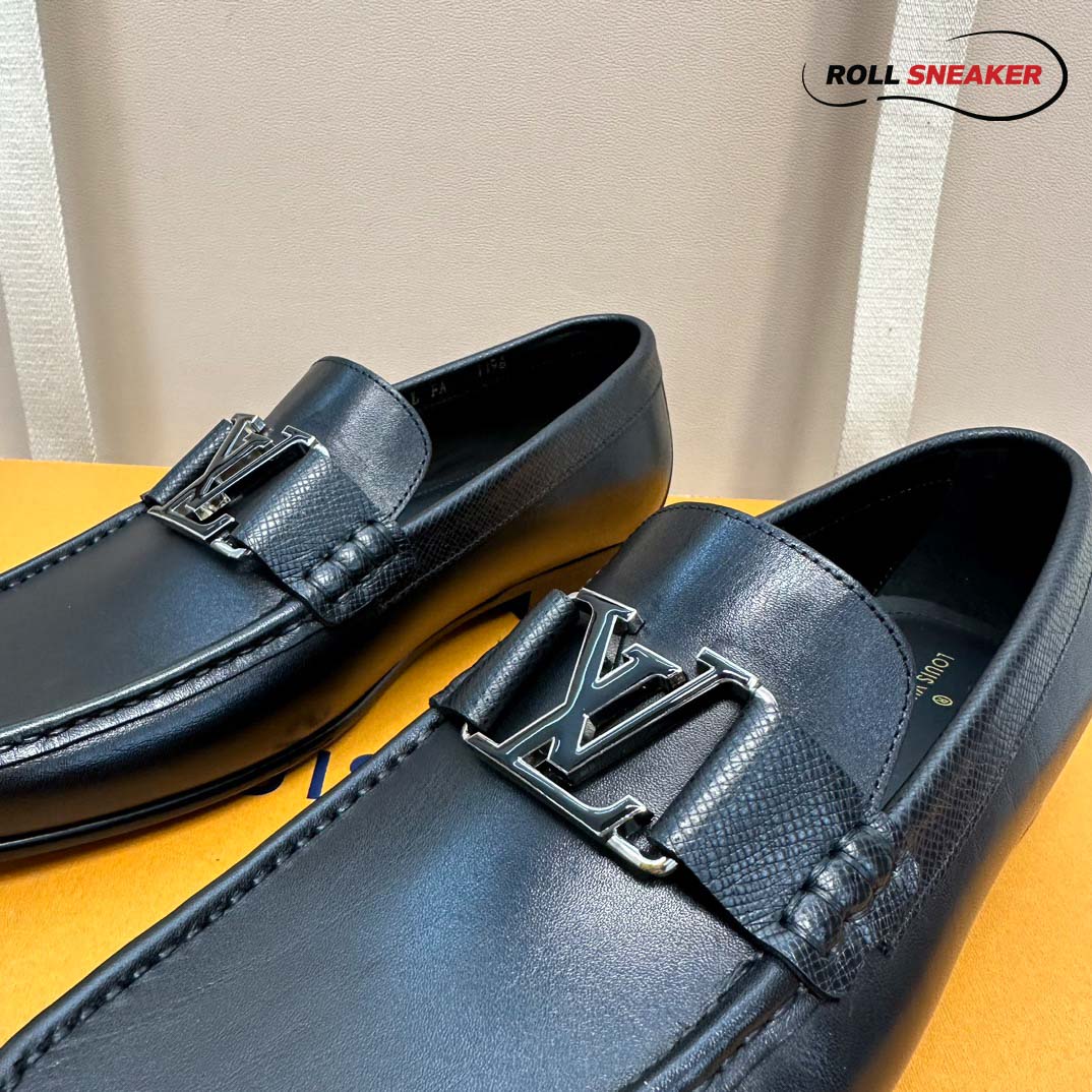 Giày Lười Louis Vuitton Montaigne Loafers Black Da Bê Trơn Logo LV Đen