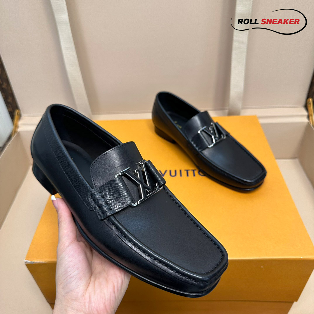 Giày Lười Louis Vuitton Montaigne Loafers Black Da Bê Trơn Logo LV Đen
