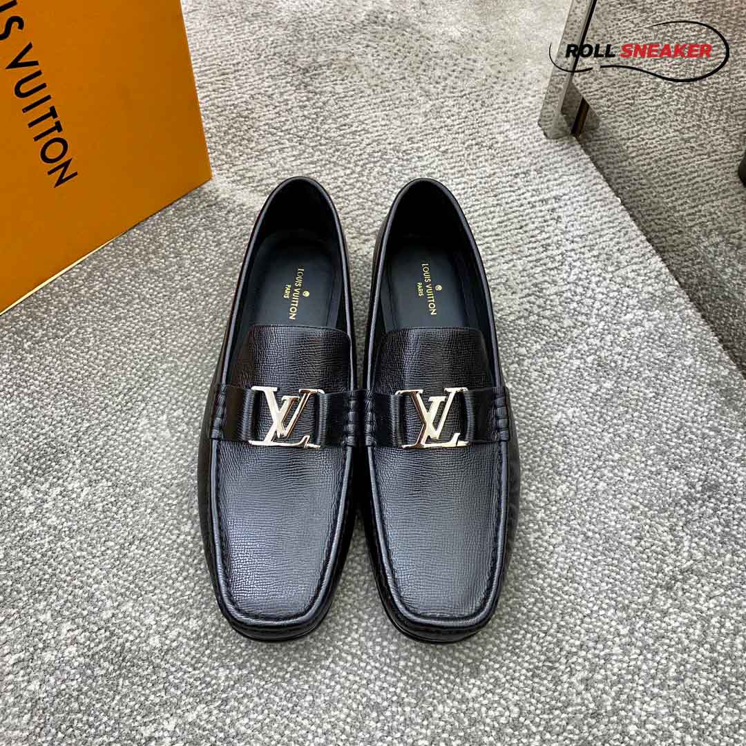 Giày lười Louis Vuitton Montaigne Loafers Da Nhăn Logo LV Bạc