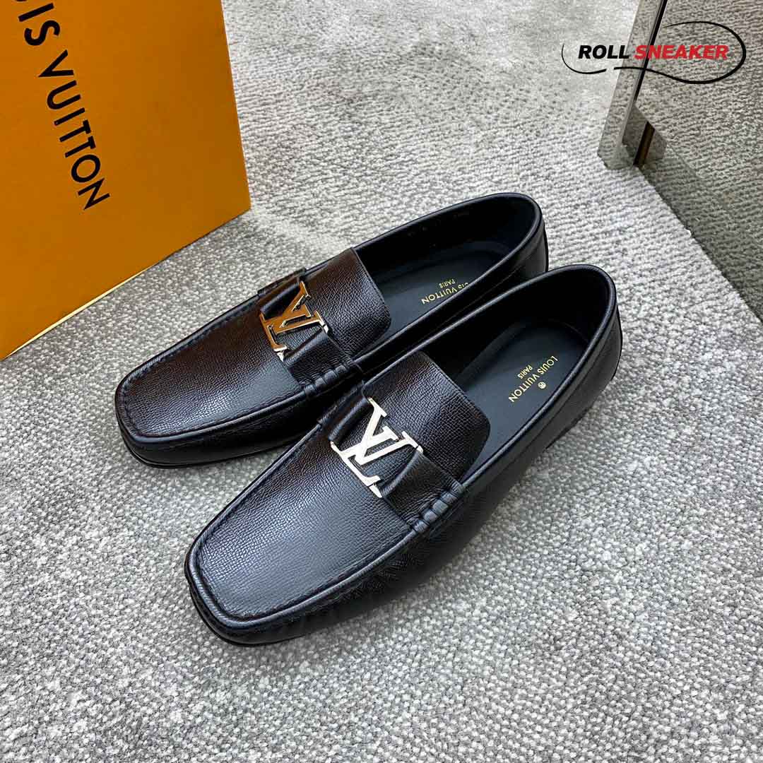 Giày lười Louis Vuitton Montaigne Loafers Da Nhăn Logo LV Bạc