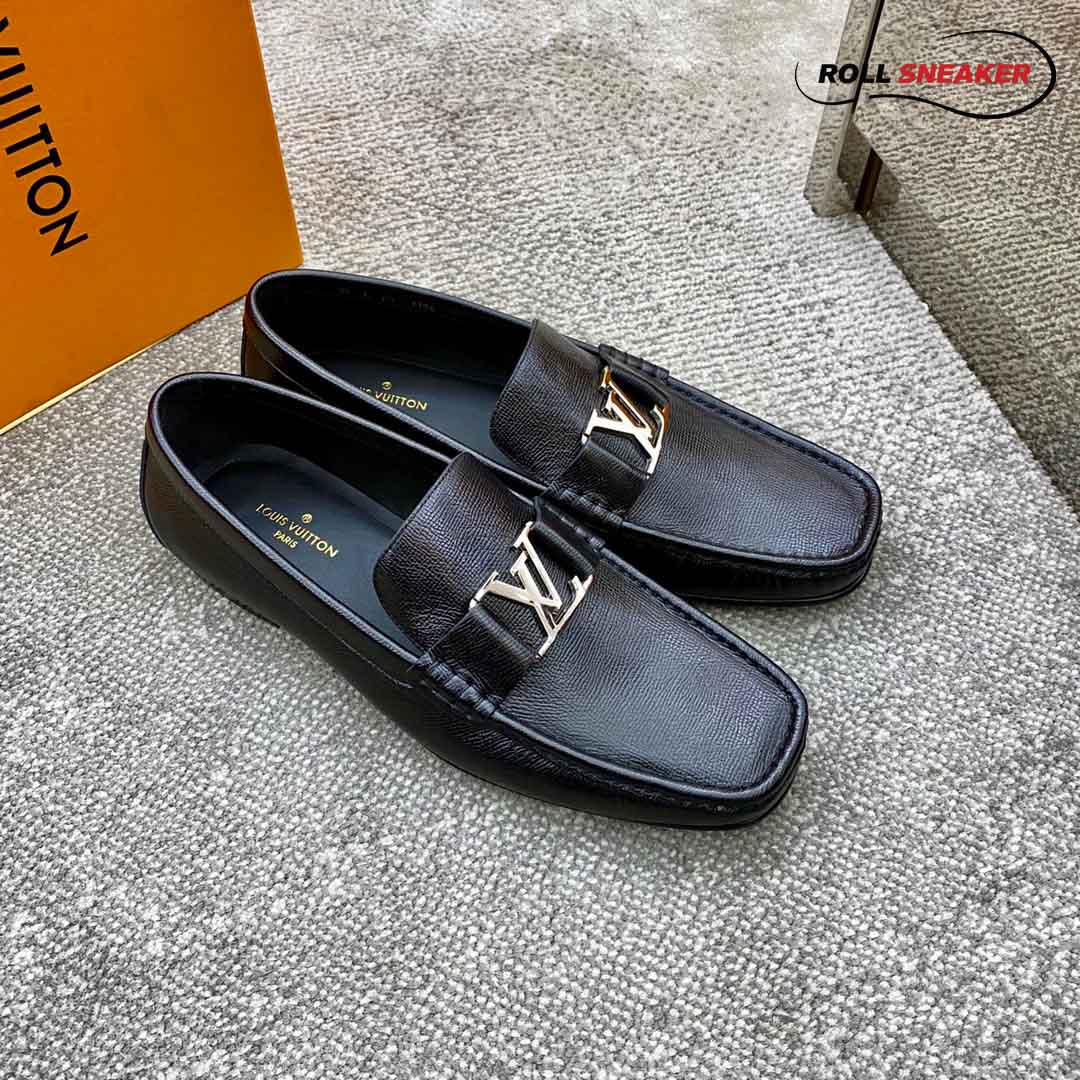 Giày lười Louis Vuitton Montaigne Loafers Da Nhăn Logo LV Bạc
