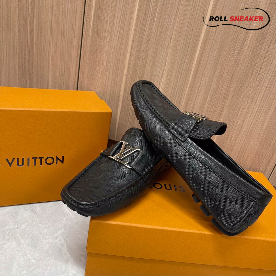 Giày Lười Louis Vuitton Monte Carlo Mocassin Black Da Bê Họa Tiết Damier Logo LV Bạc Bóng