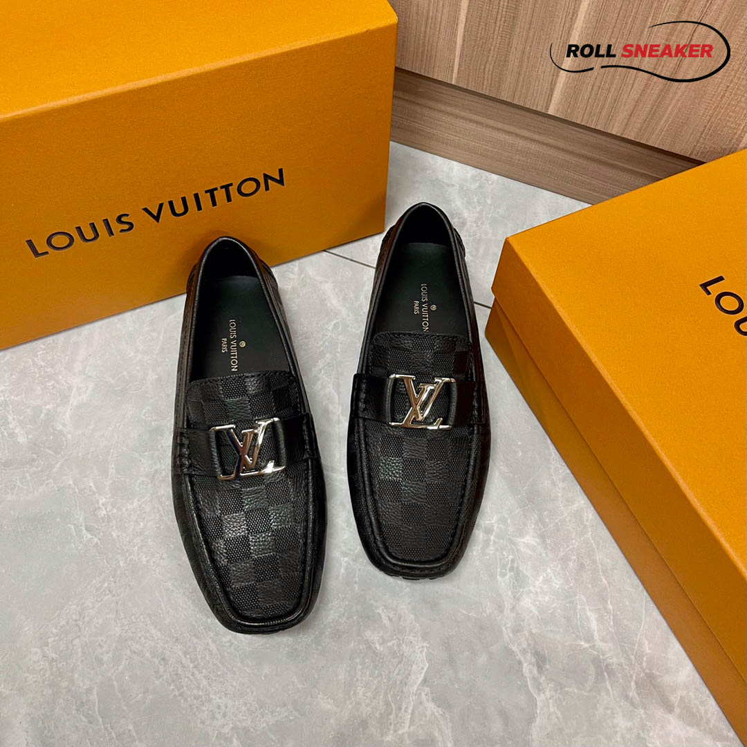 Giày Lười Louis Vuitton Monte Carlo Mocassin Black Da Bê Họa Tiết Damier Logo LV Bạc Bóng