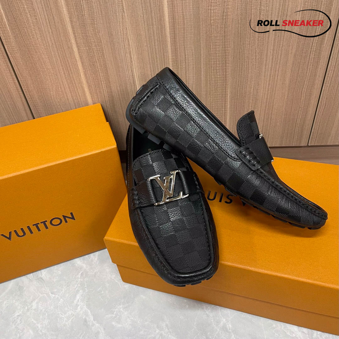 Giày Lười Louis Vuitton Monte Carlo Mocassin Black Da Bê Họa Tiết Damier Logo LV Bạc Bóng